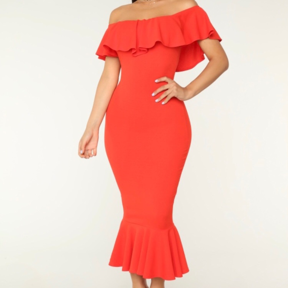 Fashion Nova Like This Coral Red Ruffle Off Shoulder Dress